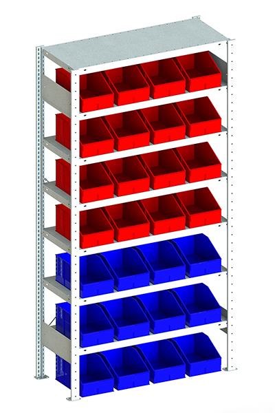 Metallregal S3 100 Grundregal für Regalsystem Metall 2000 x 1000 x 400 vzk kpl. mit 7 Böden und 12 Sichtlagerkästen PLK 2a blau und 16Sichtlagerkästen PLK 2a rot