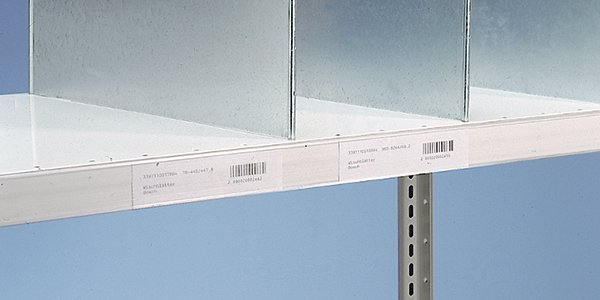 Kellerregal Etikettenschiene 950 mm weiß 38 mm hoch, Rückenselbstklebend ( Scanner-Schiene )