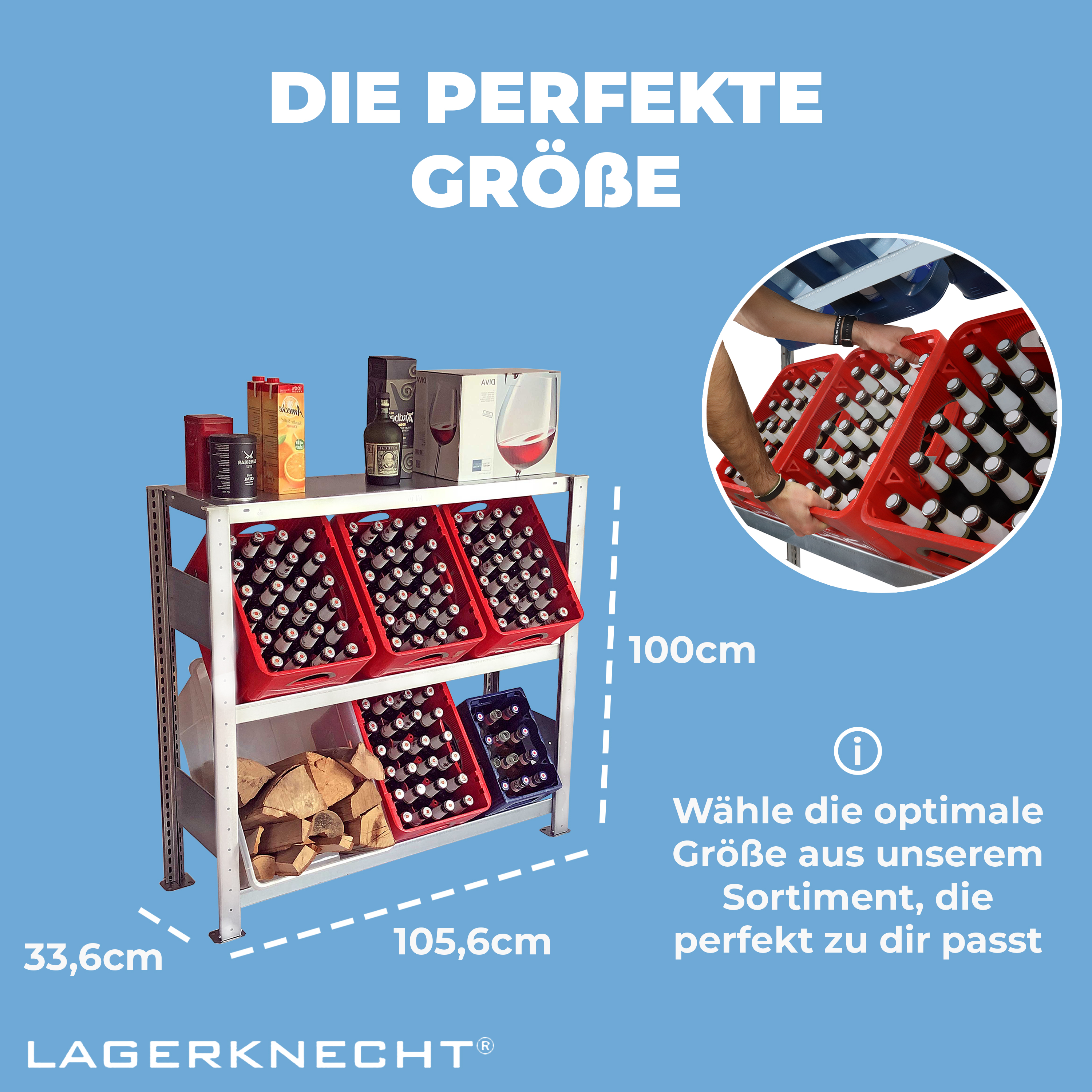 Getränkekistenregal - Getränkeregal - Kistenregal made in Germany 100 x100 cm 2 Ebenen & 1 Regalboden Grundregal