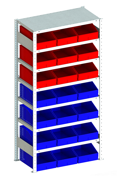 Metallregal S3 100 Grundregal für Regalsystem Metall 2000 x 1000 x 500 vzk kpl. mit 7 Böden und 12 Sichtlagerkästen PLK 1 blau und 9Sichtlagerkästen PLK 1 rot